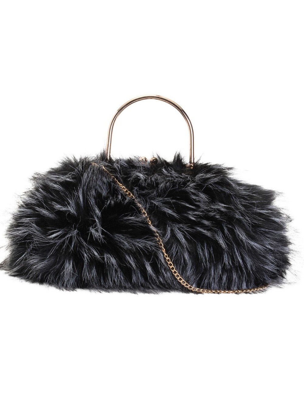 Plush Faux-Fur Black Clutch with Gold Handle & Chain